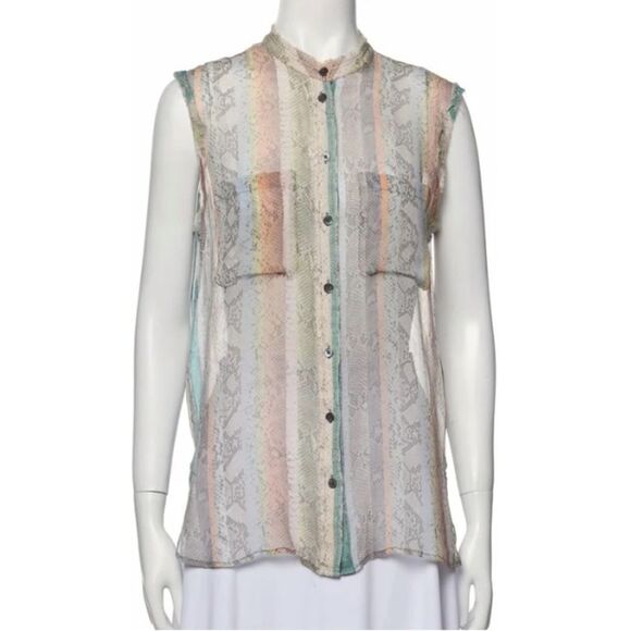 Equipment silk, sleeveless snake, skin, print, pastel top with frayed edge-XS - Picture 1 of 5